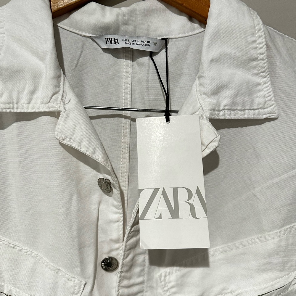 ZARA Women White Utility Romper Short Sleeve Zip Pocket Button Front Size L NWT - Picture 3 of 5